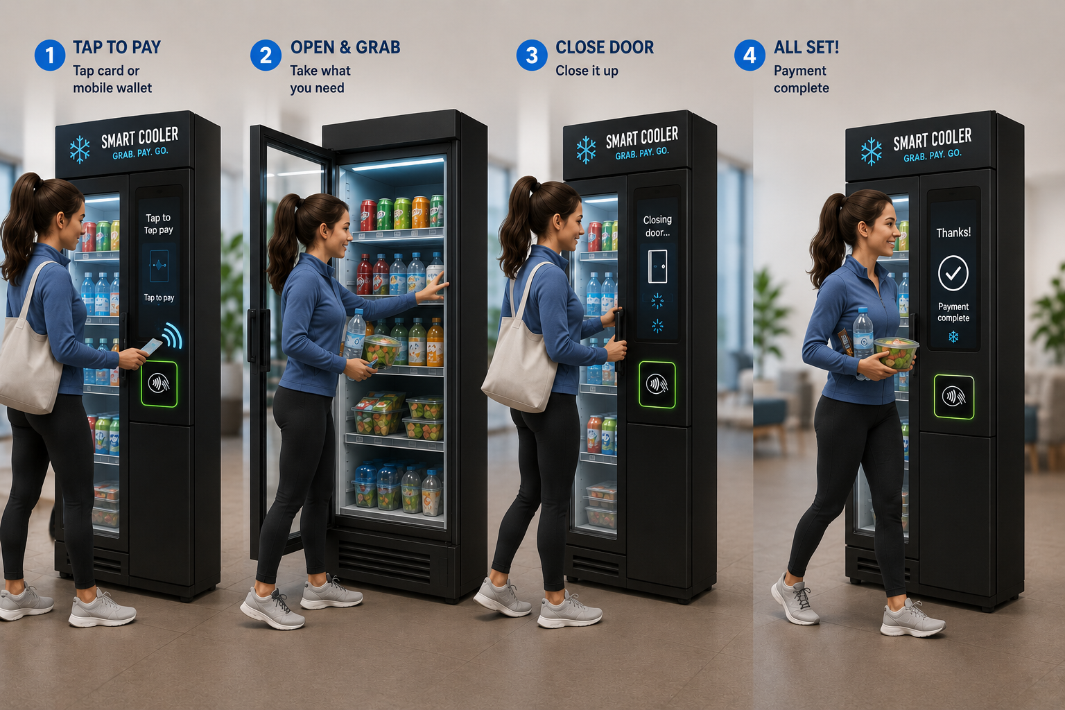 Smart Cooler experience: Tap to Pay, Open and Grab, Close Door, All Set